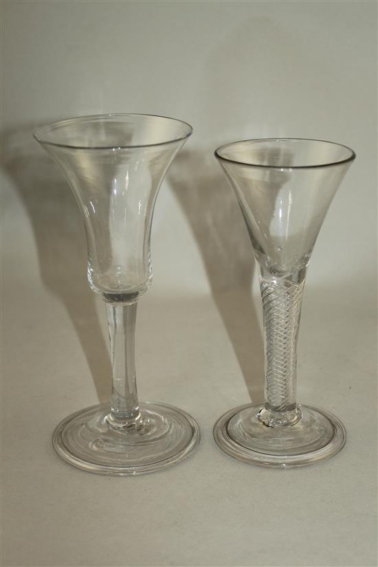 An airtwist stem ale glass and a plain stem ale or wine glass, c.1740-50, 16cm and 17.5cm